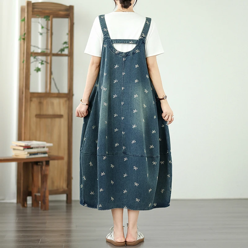 Robe en jean à bretelles pour femmes, sans manches, col en V, ample, décontractée, surdimensionnée, Y2K, Harajuku, avec nœud brodé, poche, robe mi-longue
