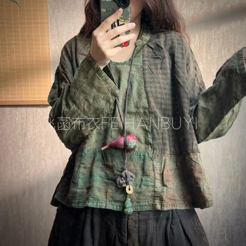 

Женская льняная футболка с длинным рукавом, новинка 2026 года, весенний винтажный стиль, с круглым вырезом, с принтом в стиле пэчворк, свободная повседневная женская блузка/топ M2277