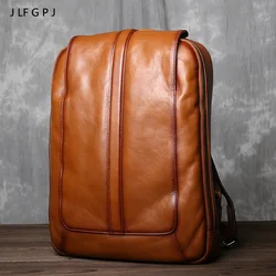 Mochila masculina retrô de primeira camada de couro genuíno, de grande capacidade, multifuncional, moda casual, bolsa de computador