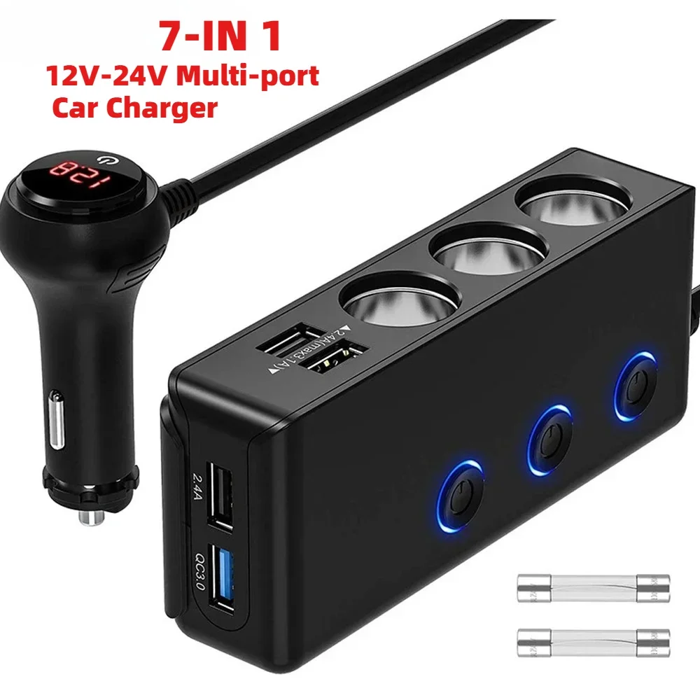 Auto-Zigarettenanzünder-Verteiler 7-in-1, 120W 3-Steckdosen-Adapter & 4 USB mit Hauptschalter, verhindert Batterieentladung, USB-A QC3.0 Schnellladung, LED-Anzeige für Dashcam, Wohnmobile, ältere