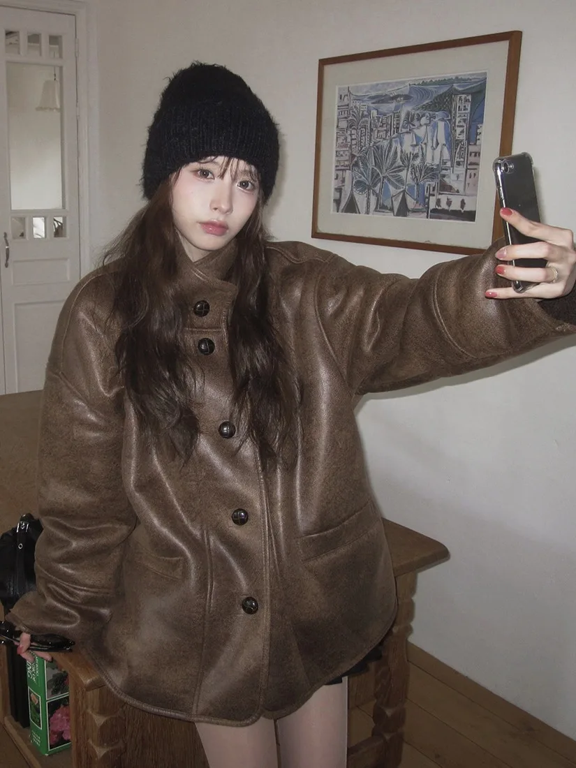 Retro Sle Pelle scamosciata Biker Jaet Cappotto invernale in cotone caldo da donna Capispalla in pelliccia e pelle intercati Sle coreano