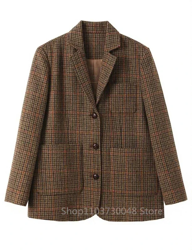 (Only Coat) Men\'s Suit Brown Plaid Woolen Blazer Prom Party Tuxedos Coat Single Breasted Three Buttons Bussiness/Wedding Jacket