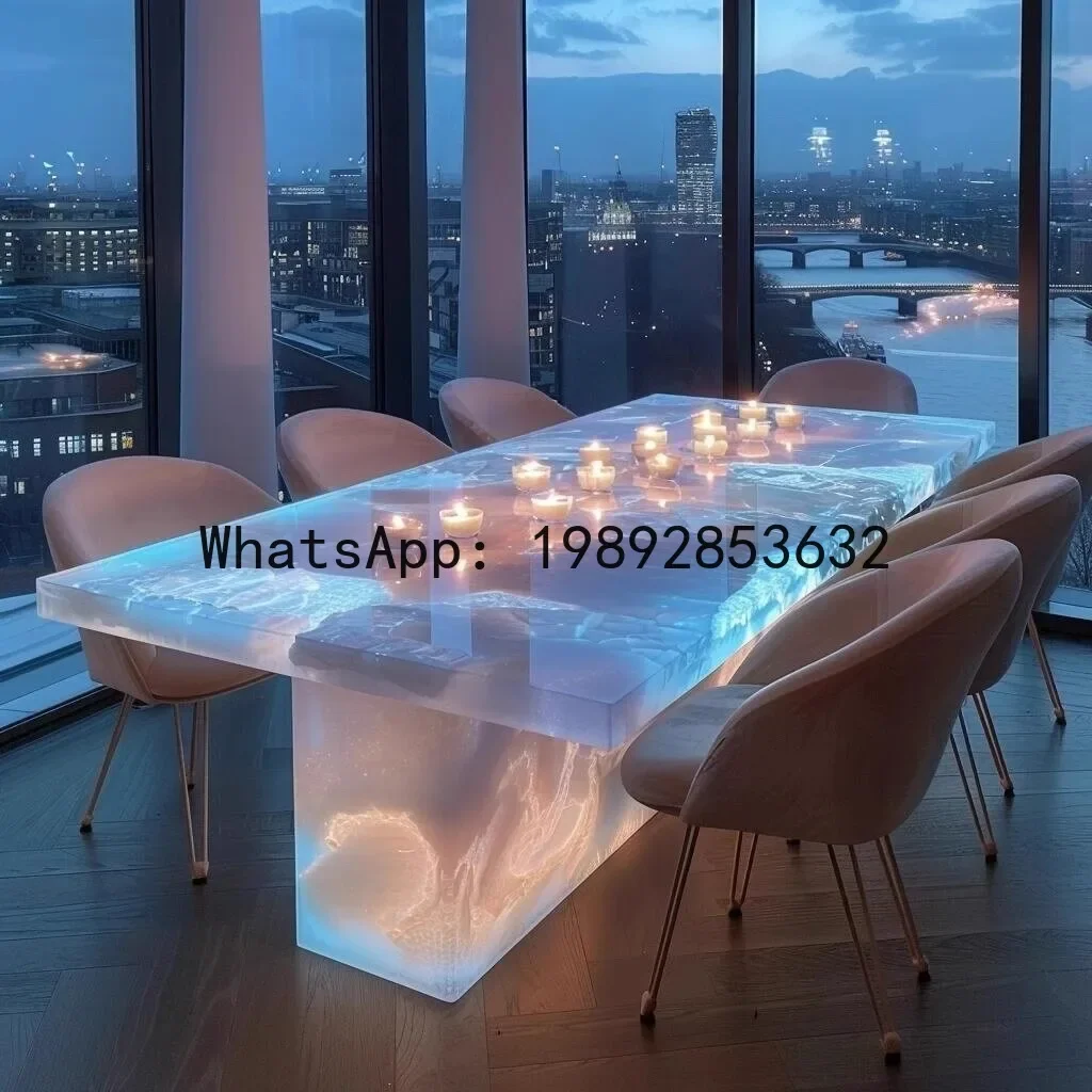 X5-7  Luminous Jade Dining Table Natural Luxury Stone Rectangular Pink Island Table White Jade Marble Dining Table