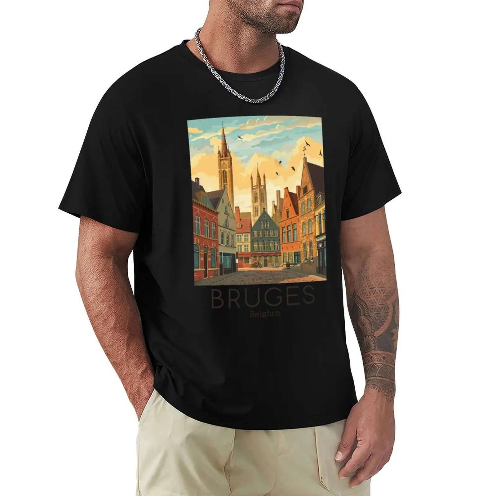 

A Vintage Travel Illustration of Bruges - Belgium T-Shirt boys whites Louboutins gifts for boyfriend t shirt men 100℅ cotton