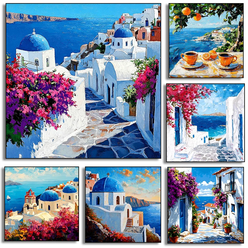 Mediterranean Seaside Village Santorini Greece Blue Dome Poster  Canvas Painting Print Wall Art Picture Home Decor Cuadros
