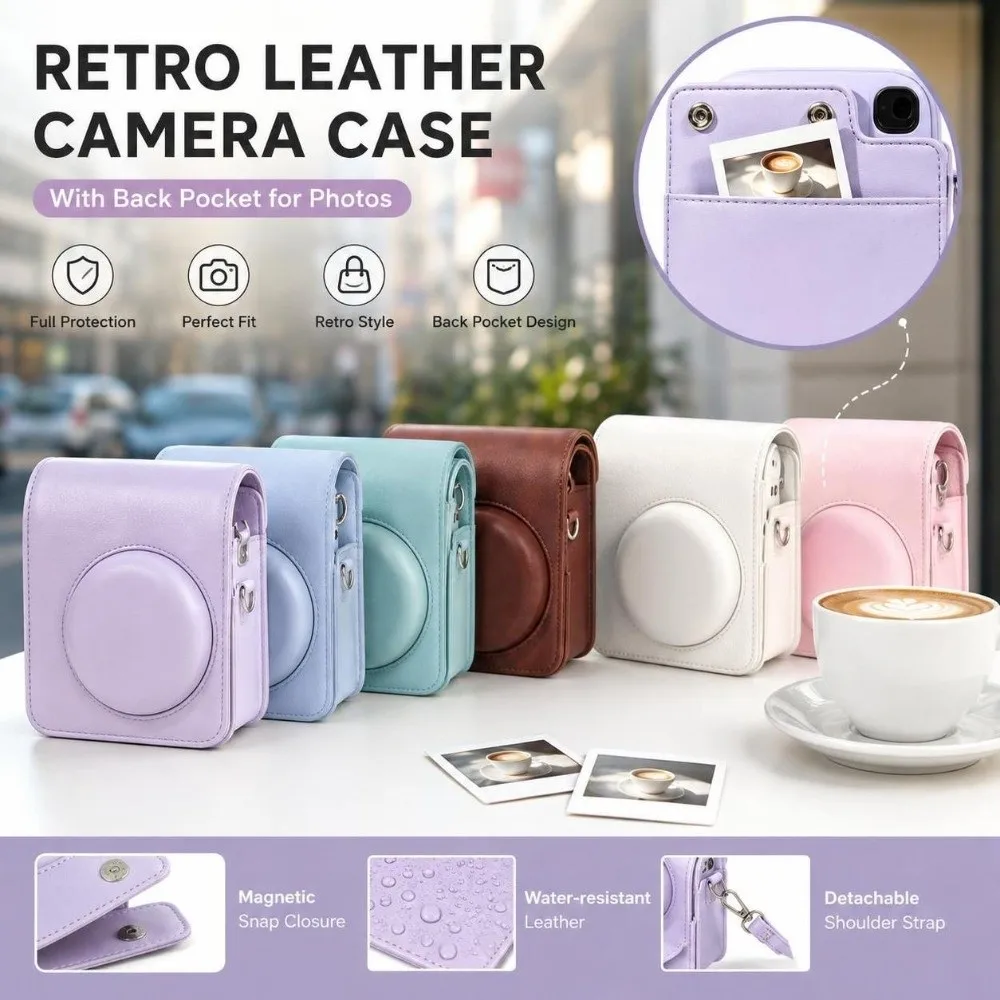 PU Leather Instant Camera Case Rear Pocket Magnetic Closure Retro Camera Case for Fujifilm Instax Mini 13/12/11