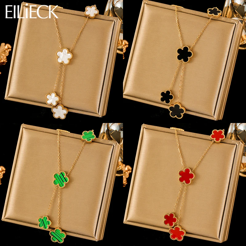 EILIECK 316L Stainless Steel Five Leaf Flower Tassel Pendant Necklace For Women Fashion Clover Neck Chain Jewelry Party Gift