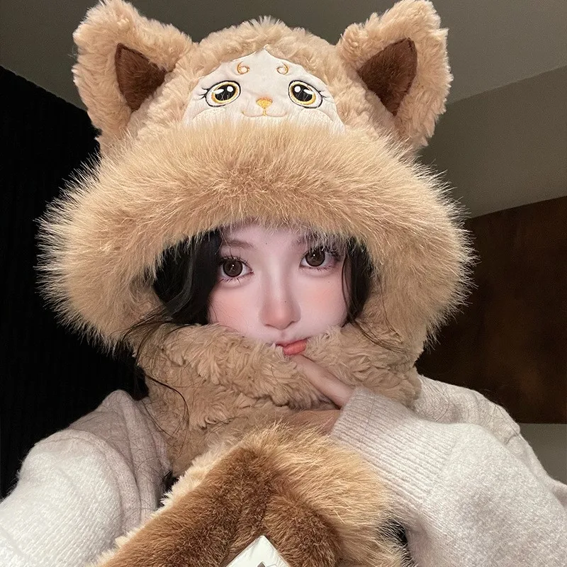 

A new winter style of cute little sheep-like thick cold-proof and warm sweet Lei Feng hat for women with woolen scarf in one