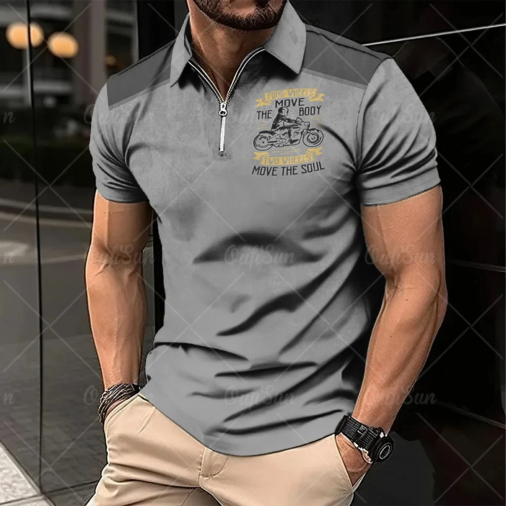 2024 Vintage Summer Short Sleeve Polo Shirt Men Half Zip Up Lapel Classic Motorcycle Graphic Men Polo Shirts Oversize Streetwear image 4