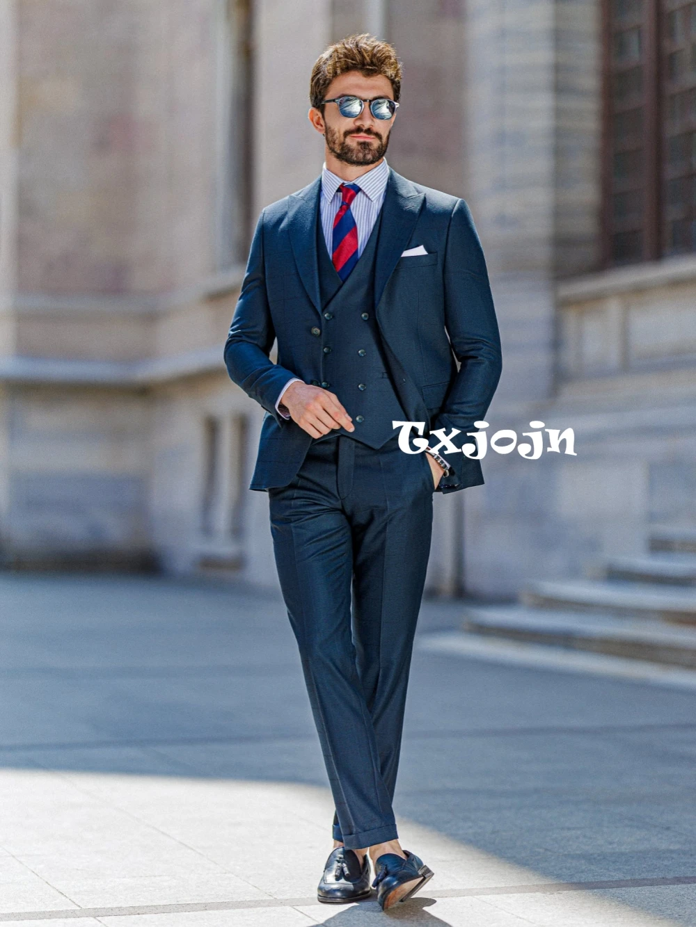 High Quality Navy Plaid Suit Set For Daily Office Customized Single Breasted 3 Pieces Blazer Vest Pants Wedding Party Guest
