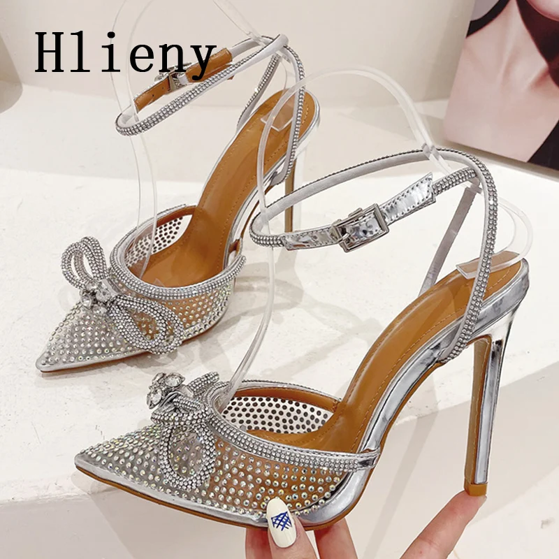 Hlieny Transparent PVC Rhinestone Women Pumps Fashion Silver Pointed Toe Bowknot Sandals High Heels Crystal Wedding Party Shoes