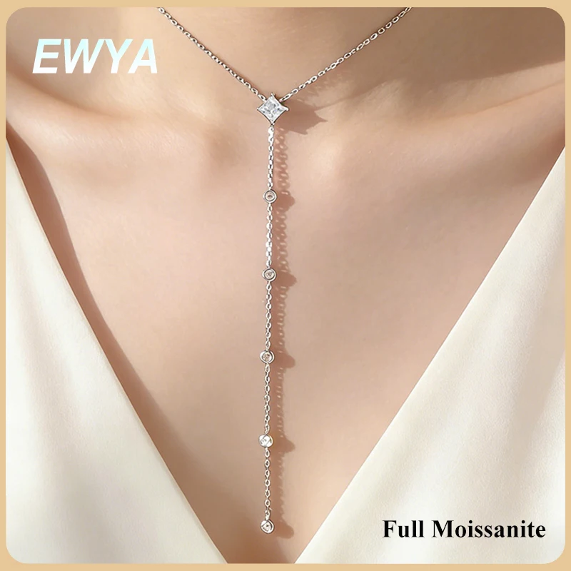 

EWYA 1CT Princess Cut Moissanite Pendant Necklace Long Tassel For Women s925 Silver Y-Style All Diamond Dainty Neck Chain Gift