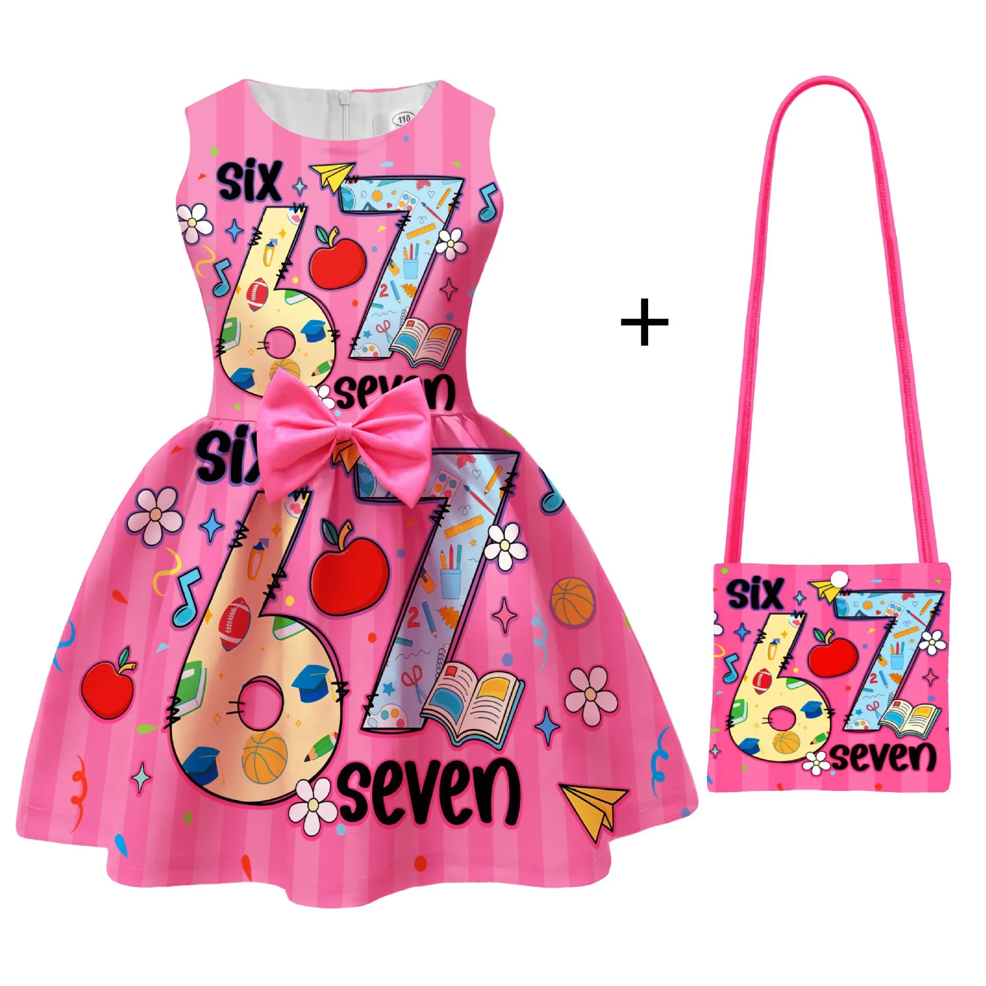 2026 Girl Steal a Brainrot Dress No. 67 Costume For Baby Fashion Kids Up Bow Print Princess Frock Children Clothes and bag 2pcs
