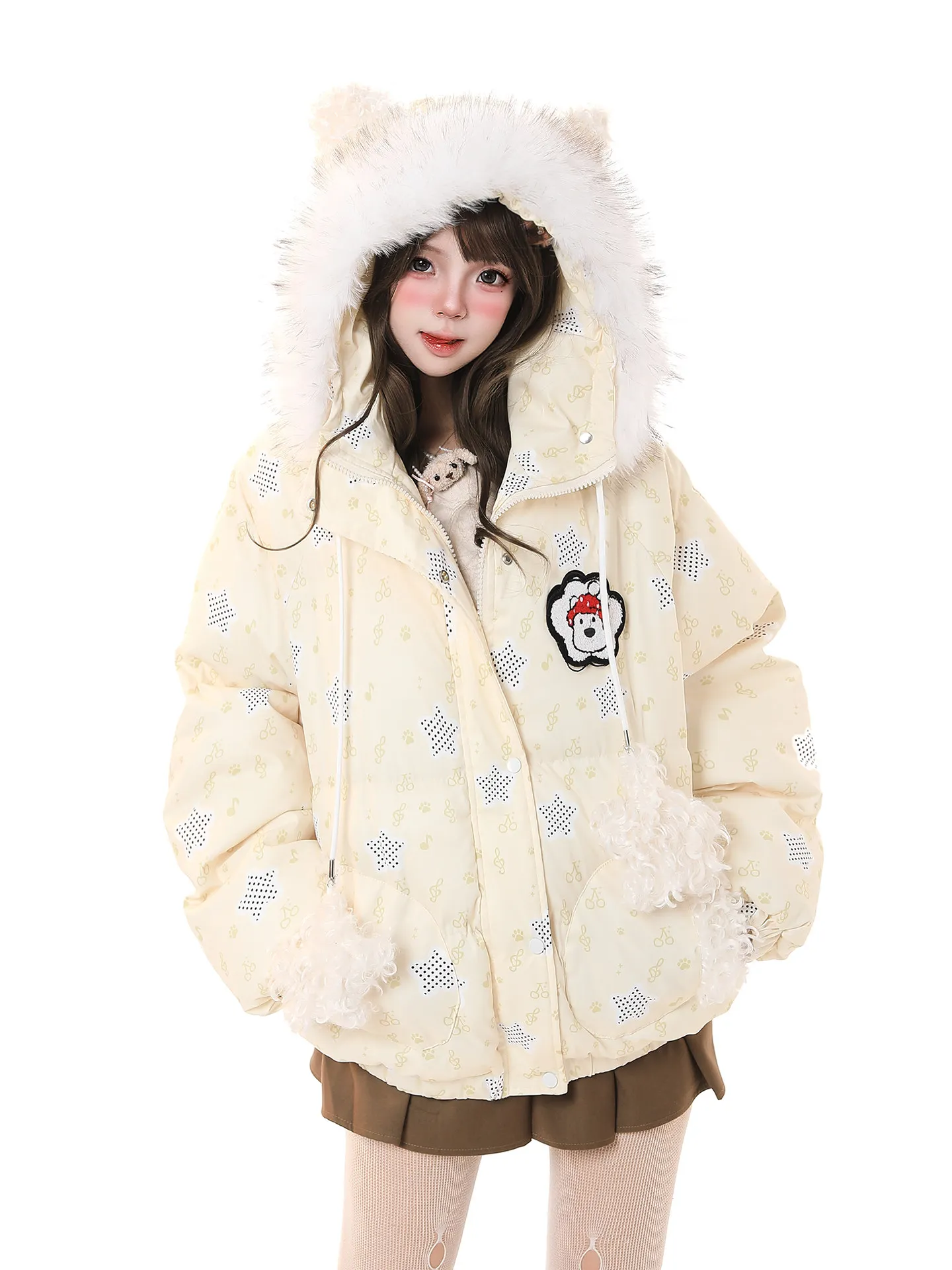 Sweet Stylish Thickened Plush Ear Hooded Cotton Jacket Women's Winter Unique Super Beautiful Loose Warm Thickened Cotton Coat