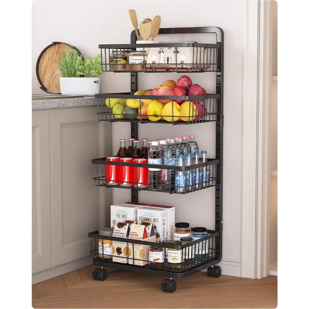 

4-Tier Kitchen Storage Cart Metal Snack Cart Adjustable Fruit Basket on Wheels Stand Baskets for Potato Onion Produce Black
