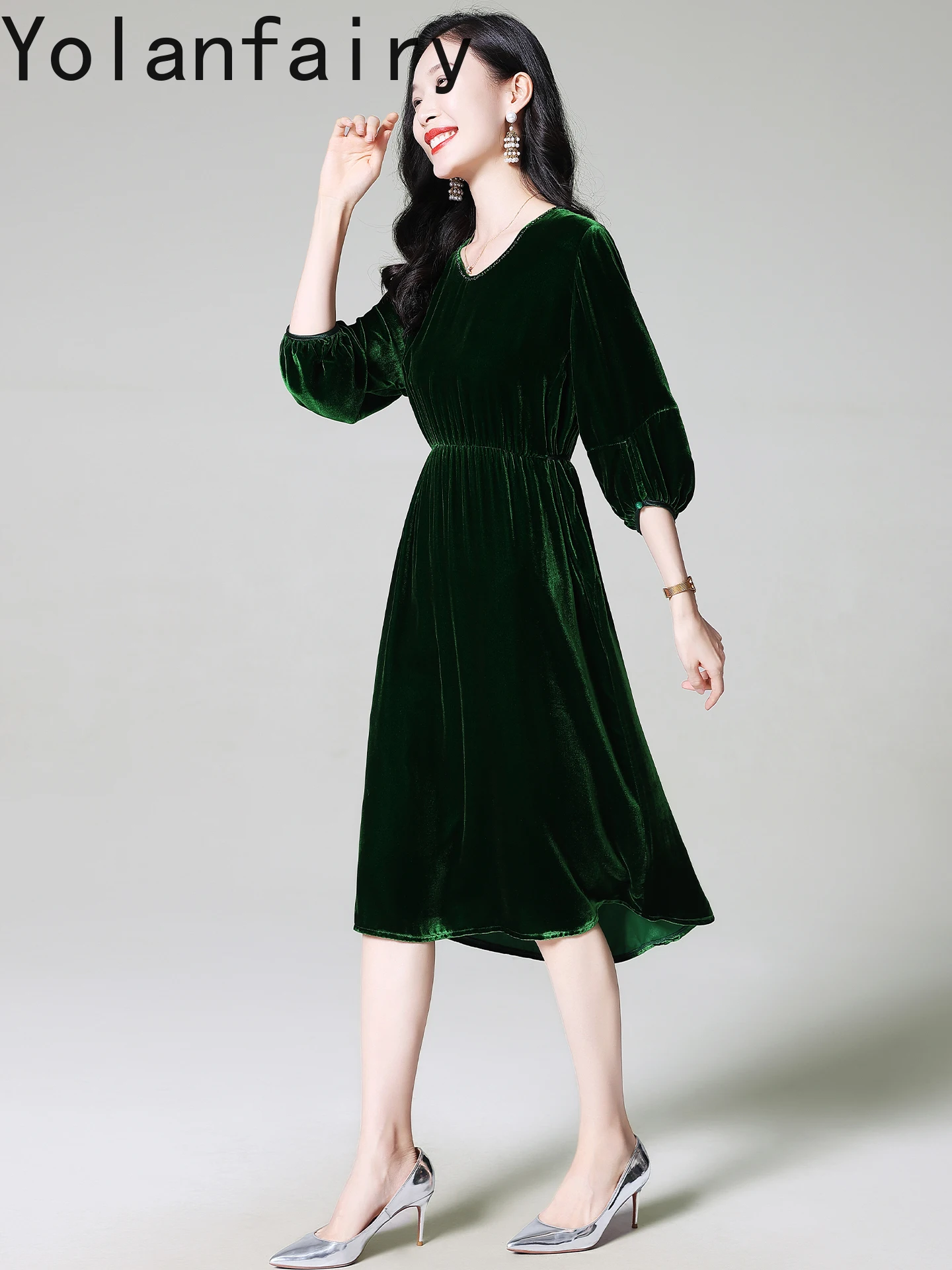 فستان YOLANFAIRY من حرير التوت الأصلي المخملي للنساء للخريف فستان فاخر أنيق لأعياد الميلاد ملابس نسائية فساتين راقية