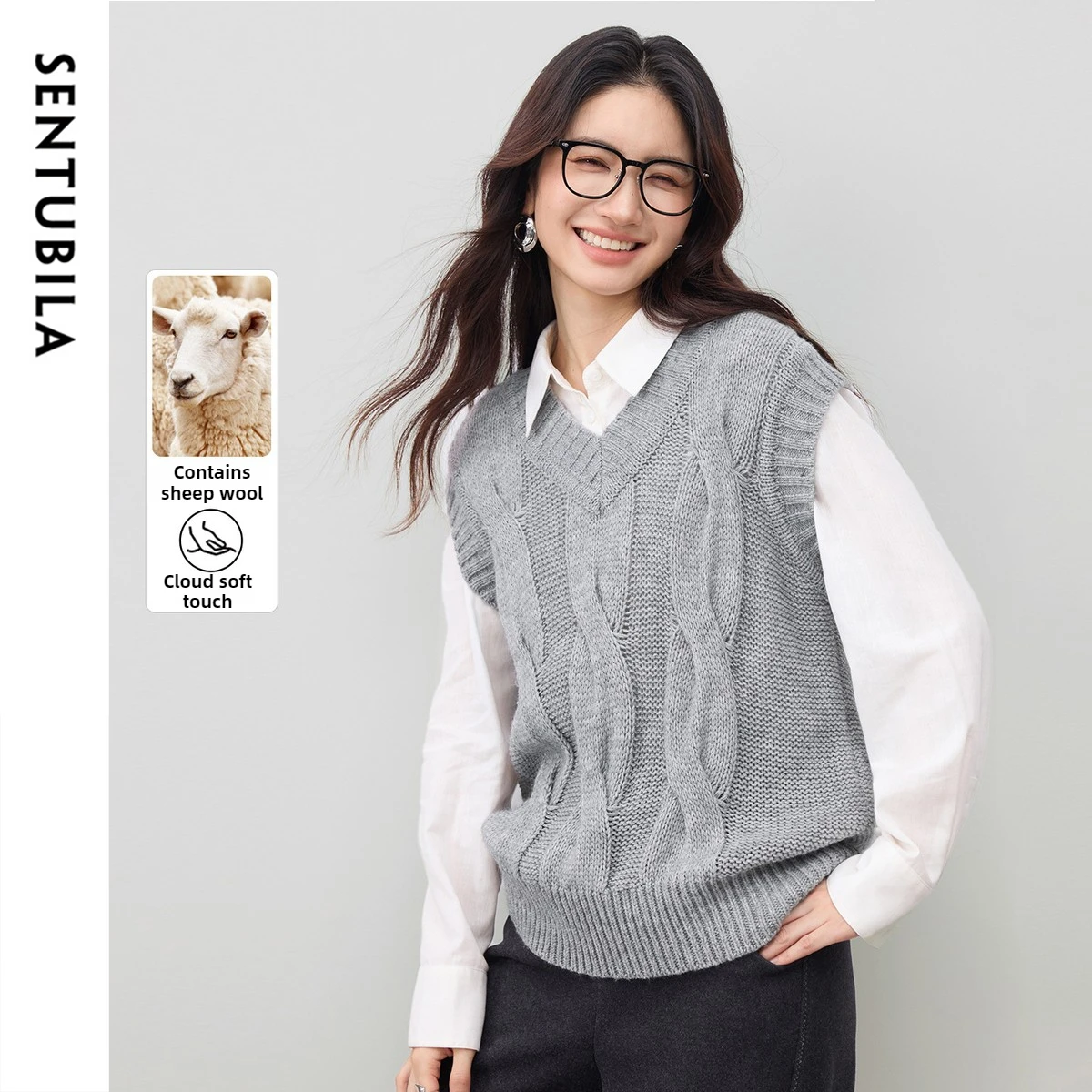 

SENTUBILA Women's Wool Blend Sweater Vest 2025 Autumn V Neck Twist Knit Pattern Simple Commuting Loose Sleeveless Top W53JB4041