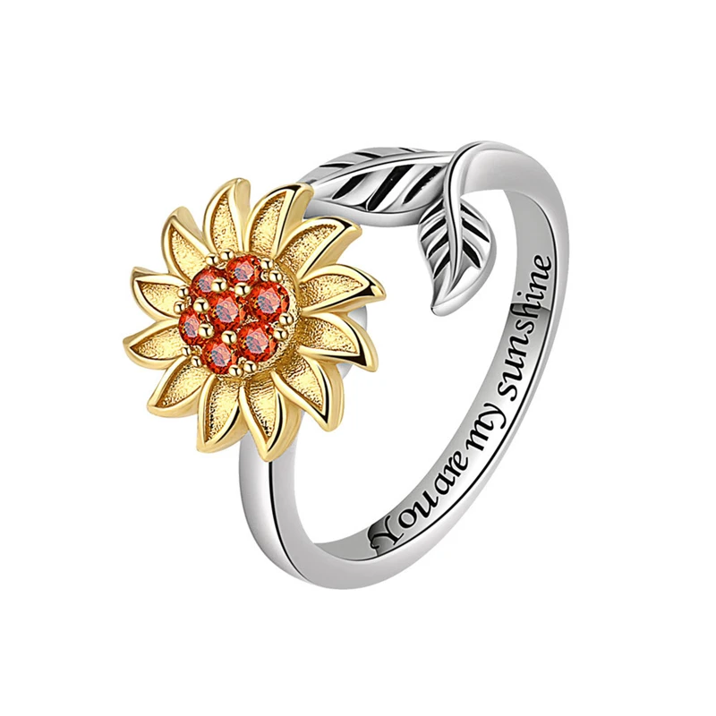 WYEAIIR Rotatable Reduce Pressure Sunflower Gold Art 925 Sterling Silver Resizable Opening Ring For Women Luxury Jewelry