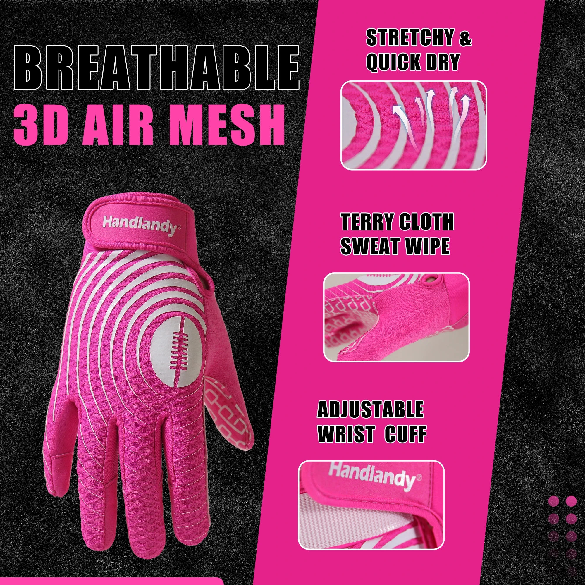 HANDLANDY Youth American Football Gloves for Boys Girls, Sticky Wide Receiver Gloves for Kids, Pink Rugdy Football Gloves