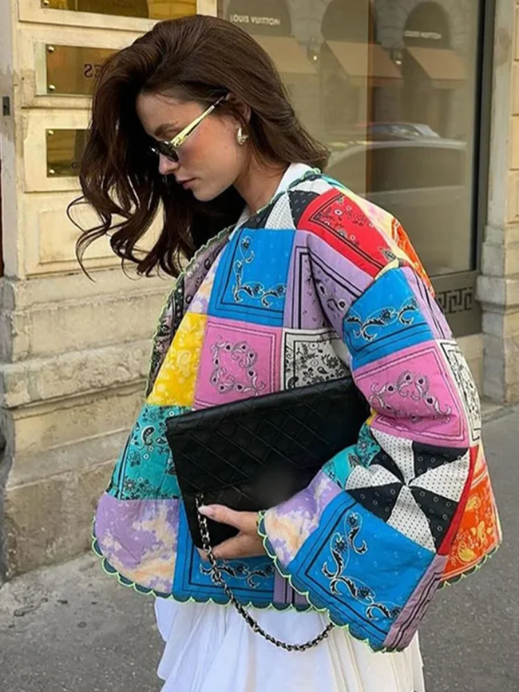 Casaco retrô de algodão acolchoado feminino, jaqueta estampada de cores contrastantes, borda serrilhada, manga comprida, casual, outono, inverno, novo