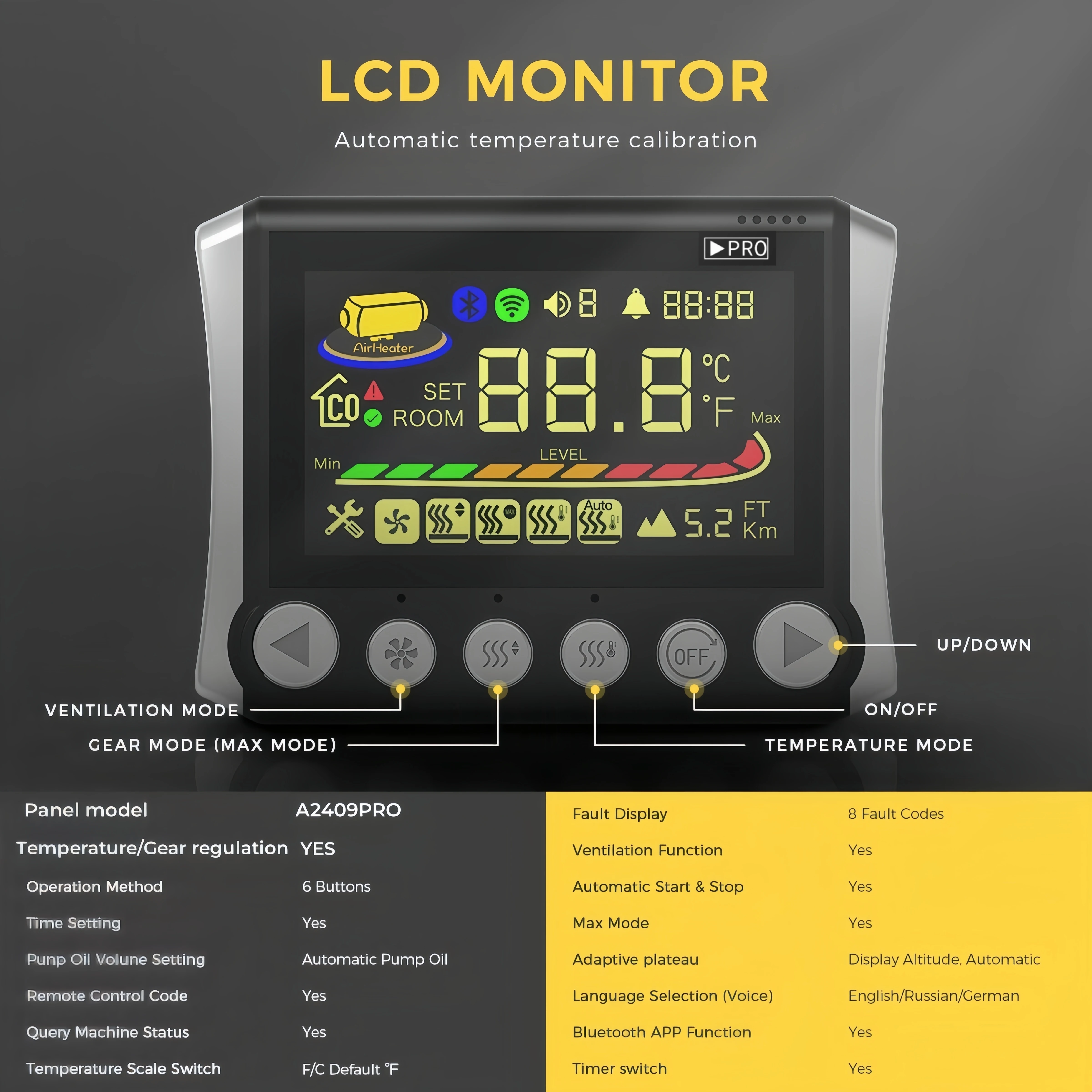 8KW TB10 سخان وقوف السيارات 12 فولت و 24 فولت و 110-240 فولت سخان هواء الديزل ث/وضع التهوية و لوحة التكيف وسخان سيارة بلوتوث لشاحنة القارب
