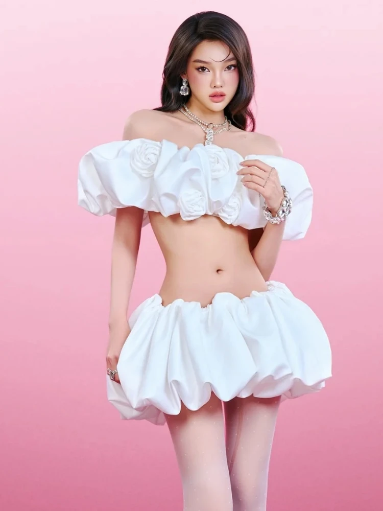 Women White Skirt Two Piece Sets Sexy Slash Neck Flower Lace-up Crop Top + Mini Bubble Skirts Suits Evening Club Party Vacation
