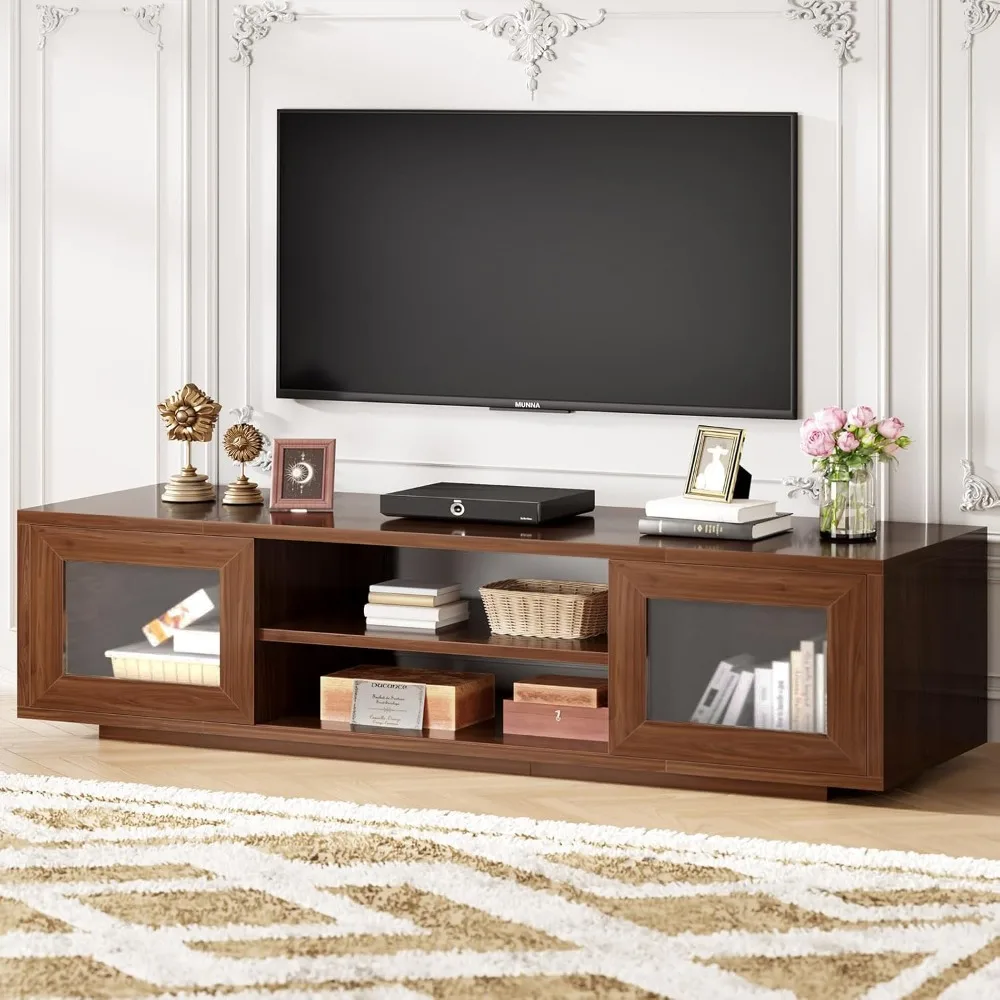 

55 Inch Walnut TV Stand for 60 Inch TVs, Entertainment Center with Storage and Sliding Doors, Farmhouse TV Stand Wood