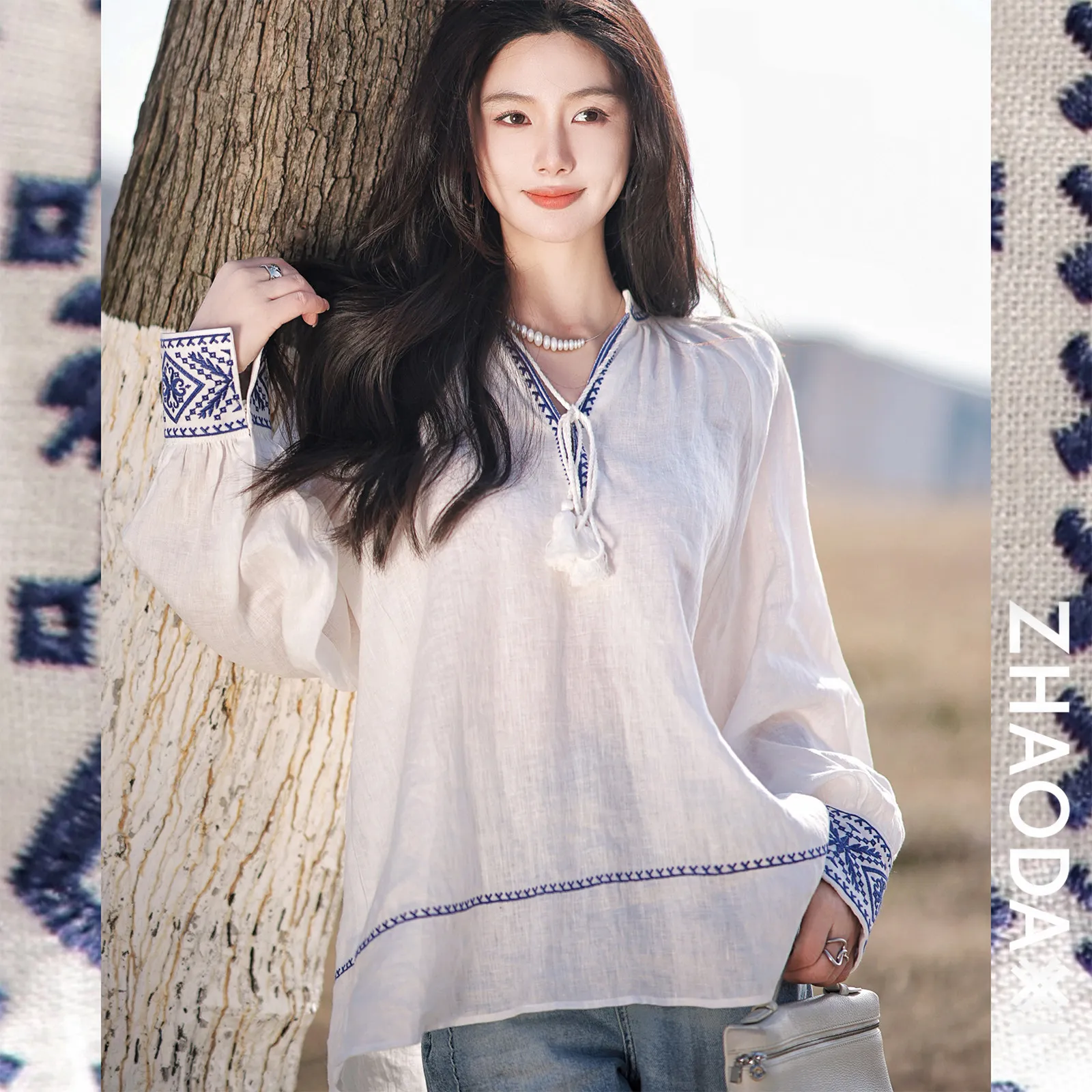 

Изысканная французская льняная блузка с этнической вышивкой и декоративной отделкой, женская, с длинным рукавом, V-образным вырезом, завышенной талией, простой повседневный стиль