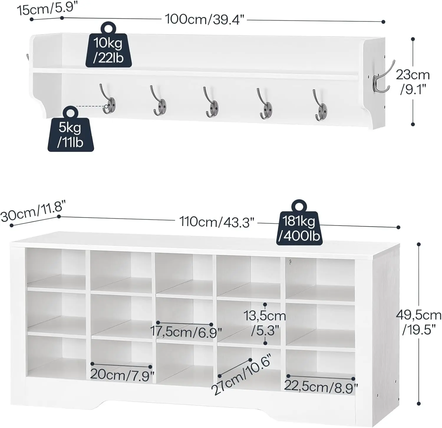 Coat Ra Shoe Bench Set, 43.3 Hes Entryway Bench With Coat Ra, Hall Tree With Shoe Bench, Coat Ra With Shoe Storage, 15 Cubbies,