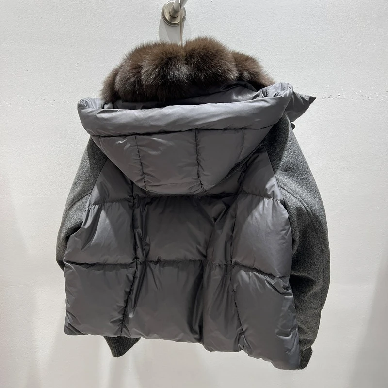 Women Luxury Short Wool Blend Down Jacket with Oversized Fox Fur Collar 90% Duck Down Puffer Coat Winter Warm Elegant Outerwear