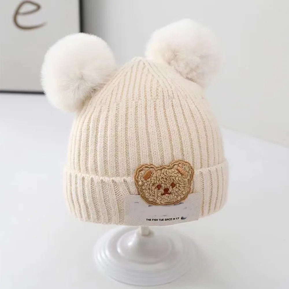 

0-3Year Windproof Solid Color Baby Knitted Hat Soft Plush Ball Winter Hat Cartoon Cute Beanie Hats Newborn Toddler