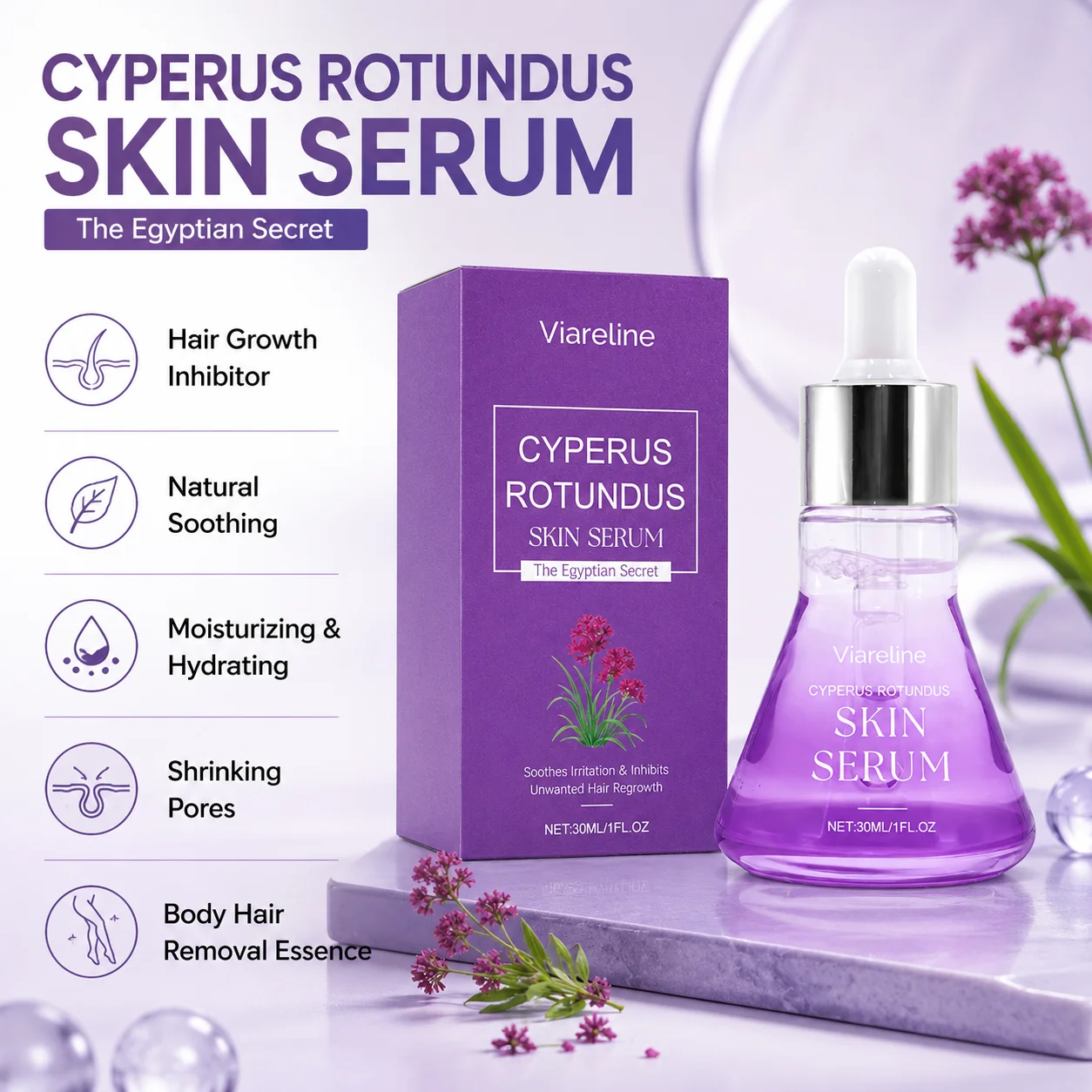 Cyperus Rotundus Skin Serum 30ml – Natural Hair Inhibitor Remover Essence, Soothes Irritation & Moisturizes Body Face