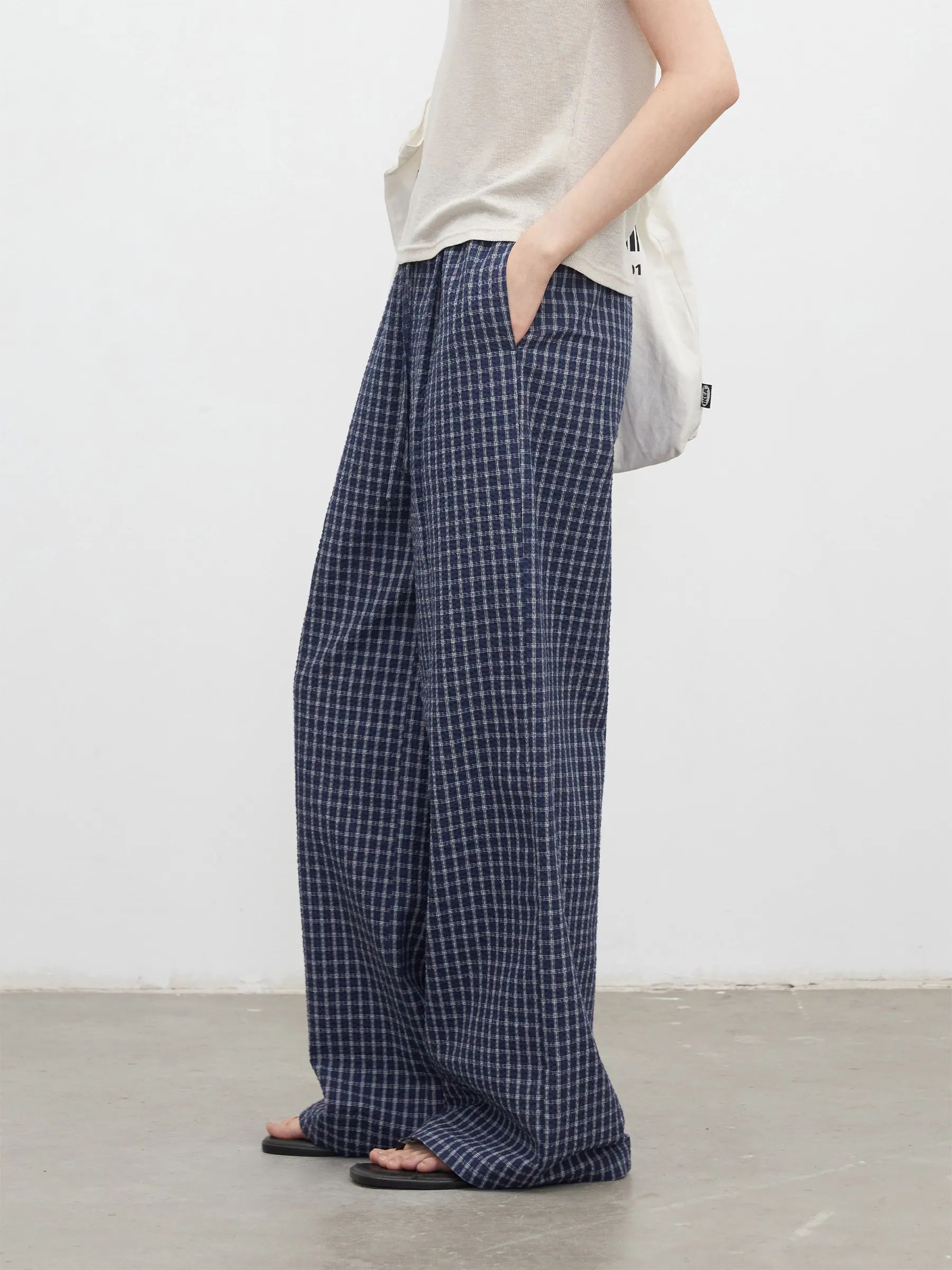 CHIC VEN New Women Pants Loose Causal High Waisted Drawstring Blue Checkered Straight Pant Female Wide Leg Trousers Summer 2026