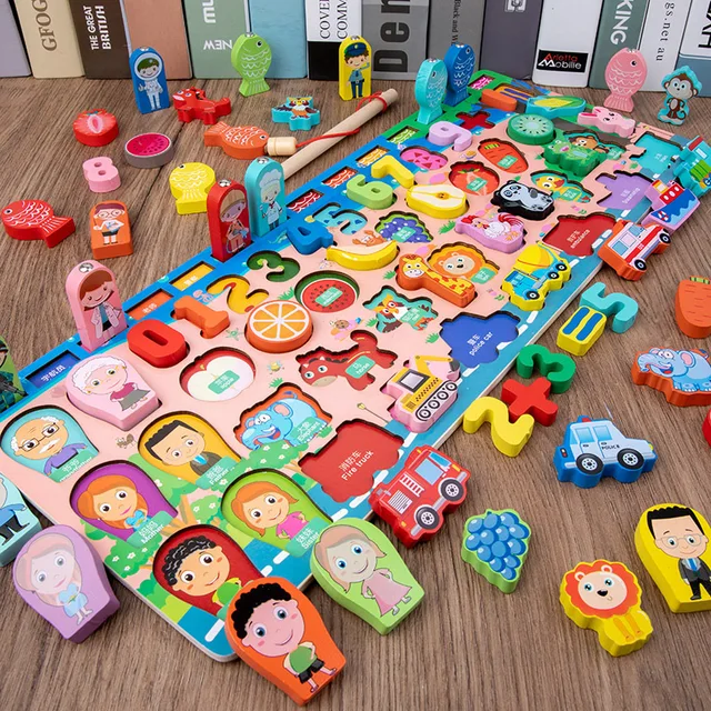 Montessori drewniane puzzle liczbowe sortownik kształtów gra liczenia i dopasowywania magnetyczna gra wędkarska logarytmiczna zabawka planszowa na prezenty dla dzieci