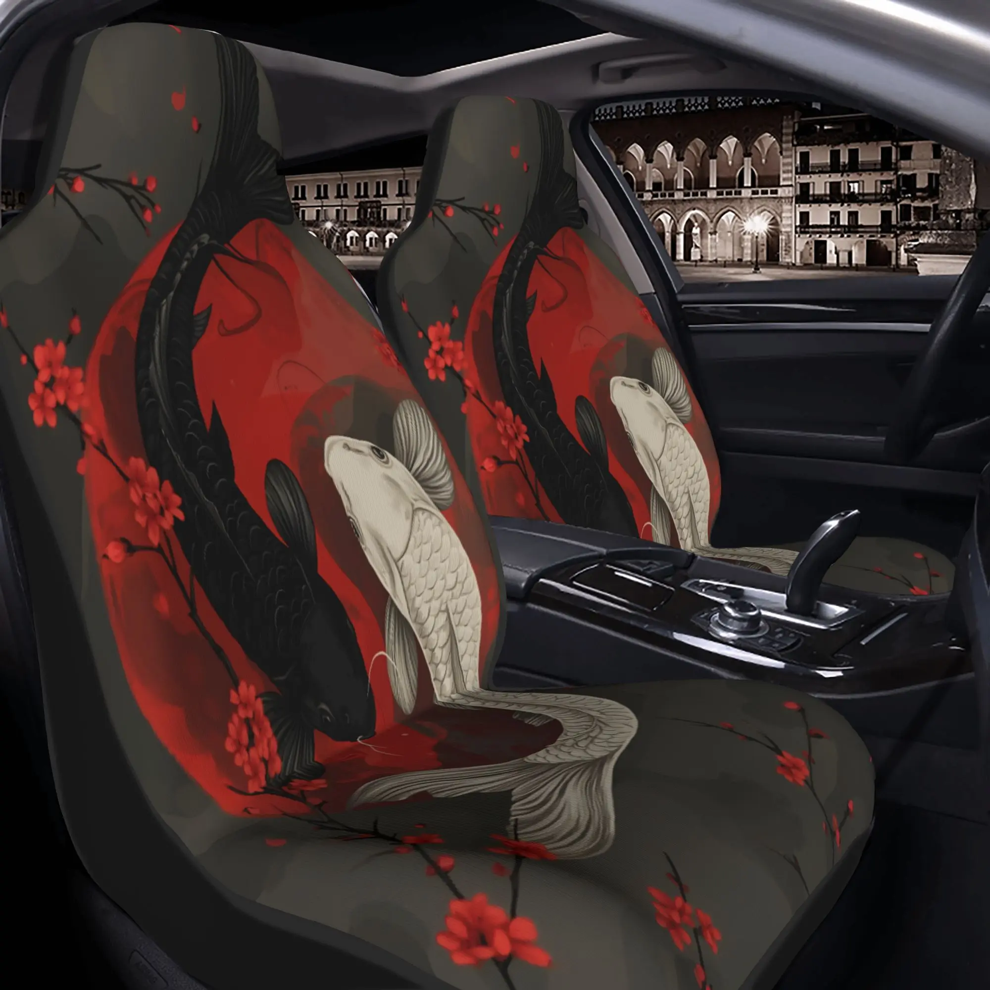 2pcs Yin And Yang Koi Fish With Cherry Blossom Branches And Red Moon Background Car Seat Covers | Suitable For SUVs Such As Seda