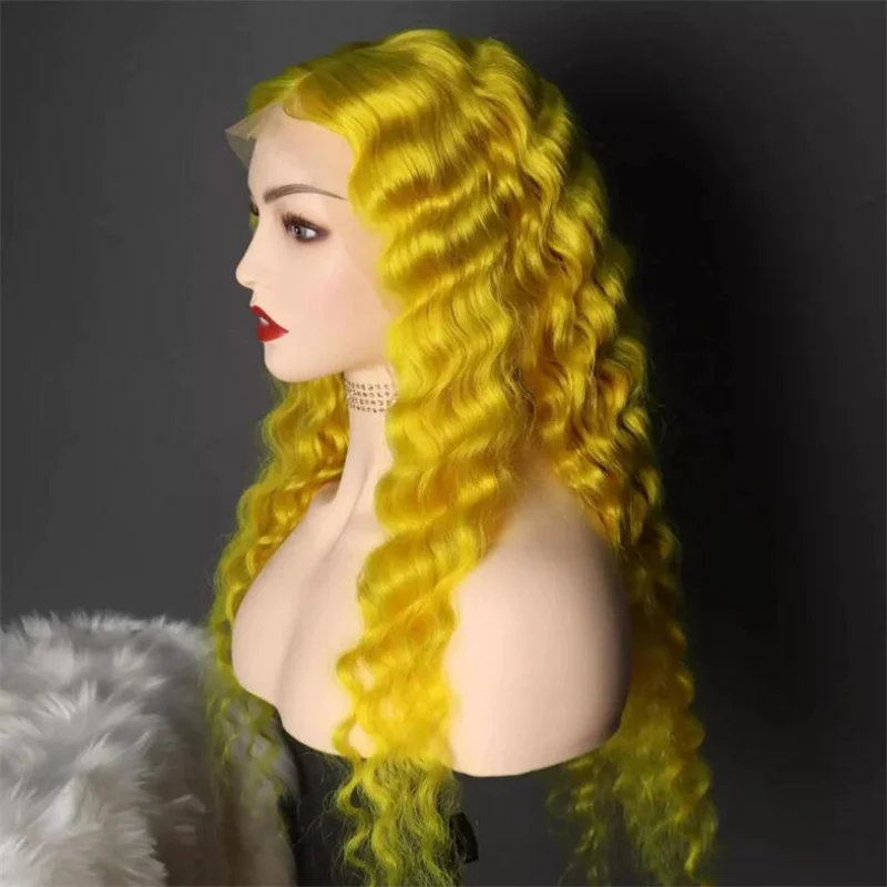 

Soft Yellow Deep Curly 26inch Glueless 180Density Long Deep Lace Front Wig For Women With Baby Hair Preplucked Daily