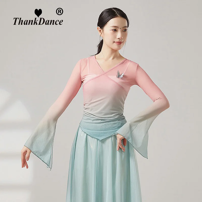 Camisa de baile de manga larga con cuerno para mujer, Top Sexy transparente para danza clásica, Top de bailarina folclórica china, Ropa de baile de malla, rima corporal Hanfu