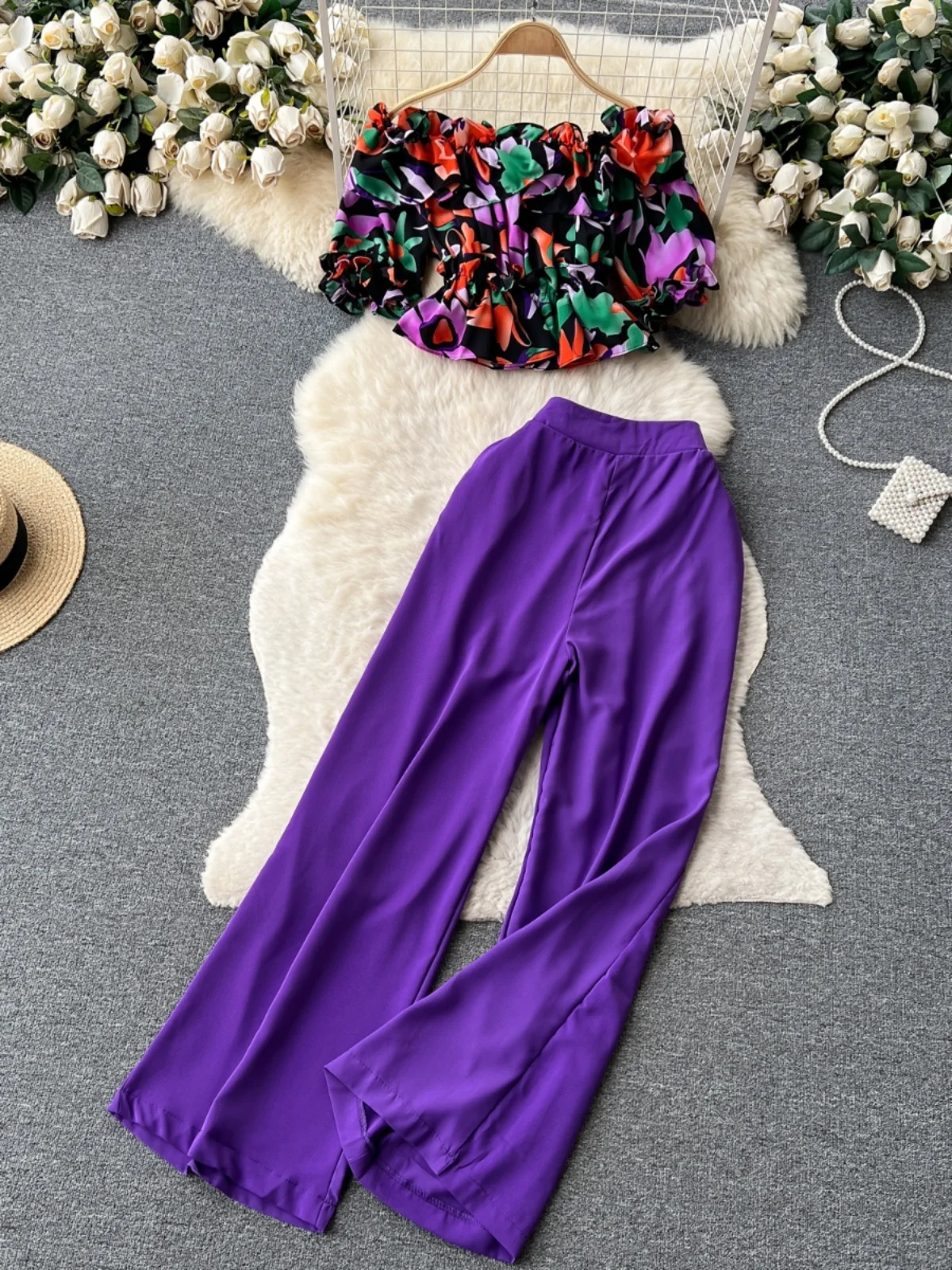 Conjunto de dos piezas de blusa con estampado floral estilo coreano y plones de pierna ancha, conjunto de moda adeazant...