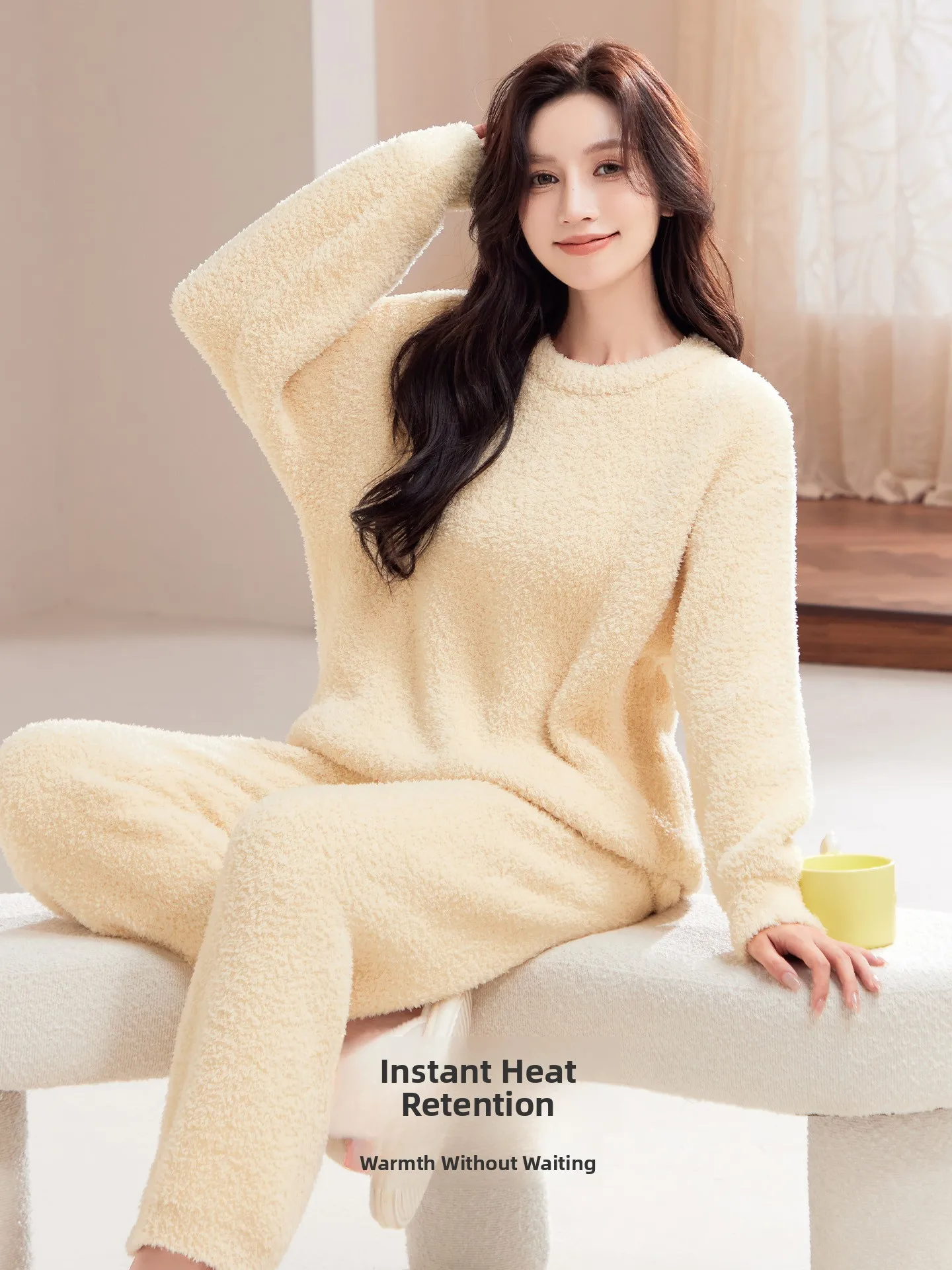Ladies Winter Thickened Fleece Half Velvet Anti-Static Warm Home Clothes Sleepwear Simple Style Long Sleeve round Neck Pullover