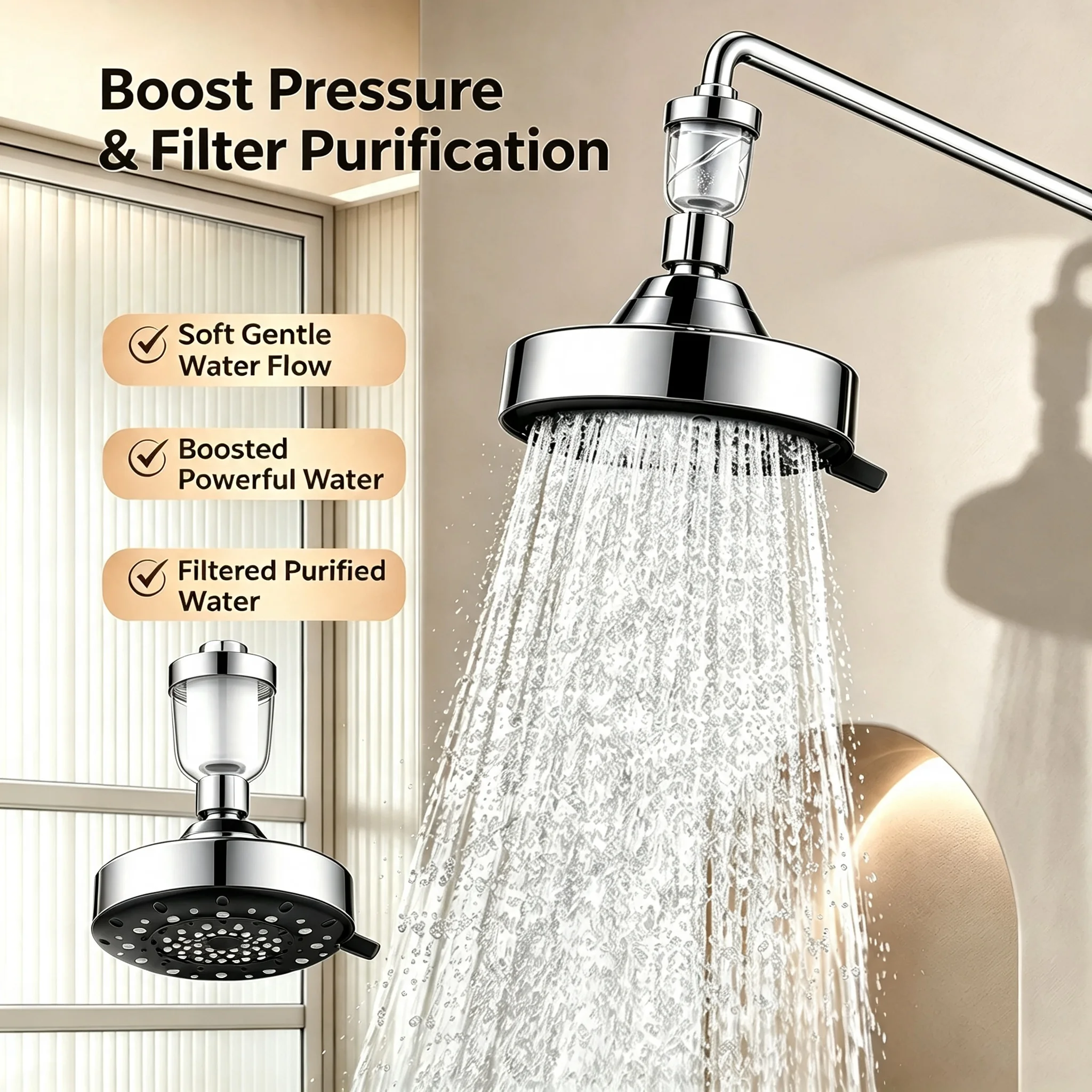 5 Spray Modes High Pressure Overhead Rainfall Shower Head With Water Filter Large Water Flow Bathroom Shower Nozzle Hard Water