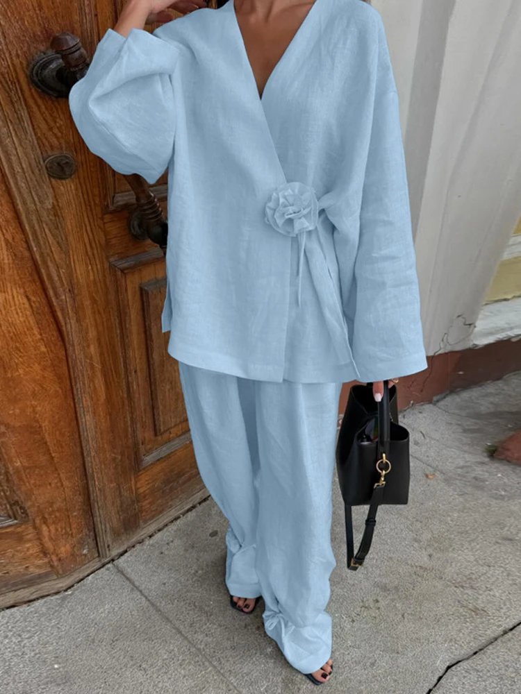 Light Blue Full Sleeve Women 2 Piece Set Fashion Floral Patchwork Wrap Blazer & Wide Leg Pants Suit Daily Lady Loose Fit Outfits