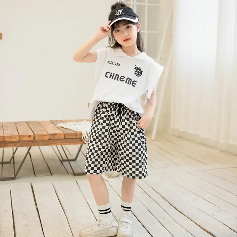 2024 Korean Summer Children Girl Tracksuit Teenager Girl Letter T-shirt+plaid Shorts Sets Girls From 4-12 Years Old