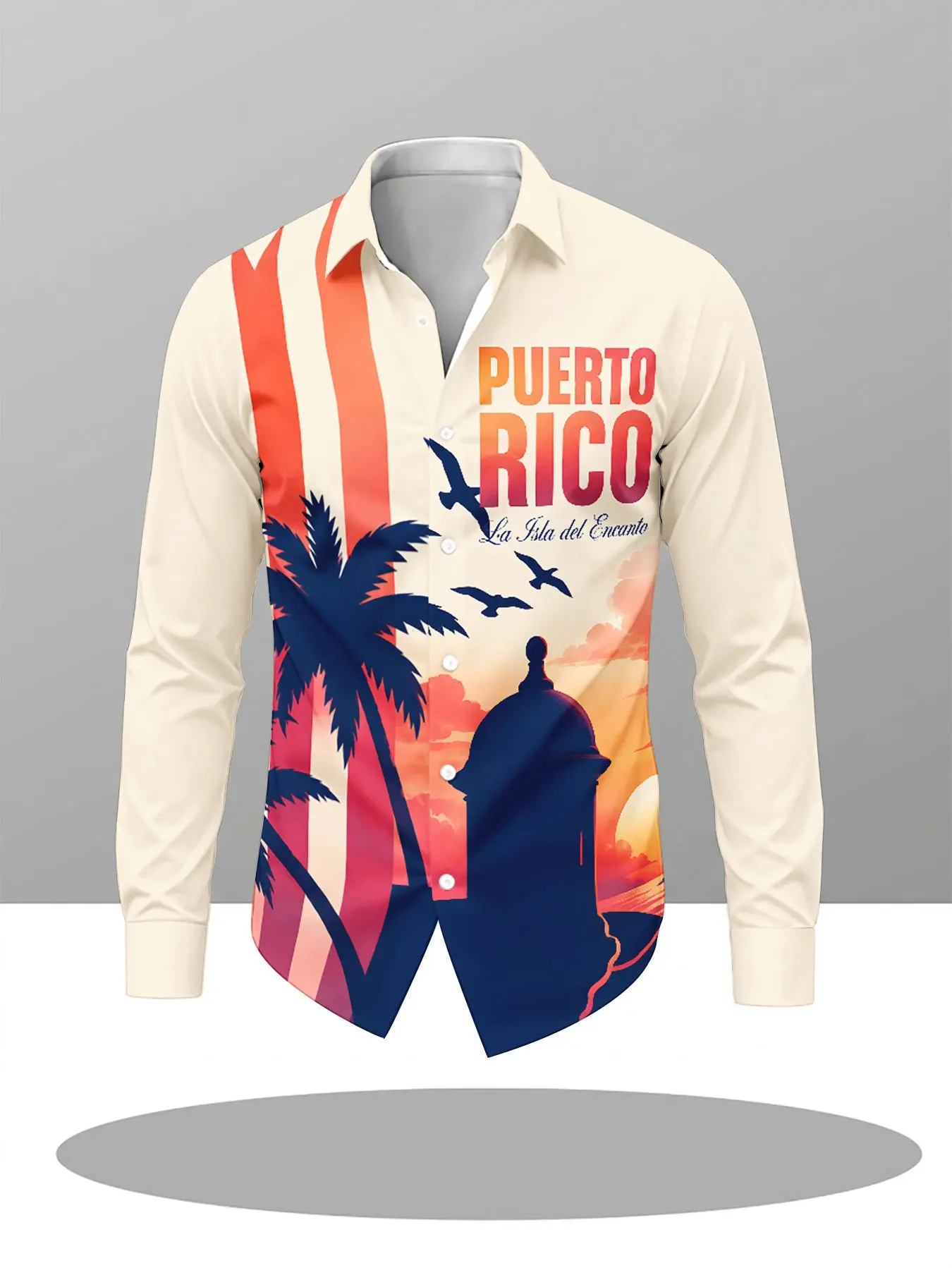 Men Long‑Sleeve Button‑Down Shirt Puerto Rico Island Scenery Print Polyester Lapel Collar Vacation Top