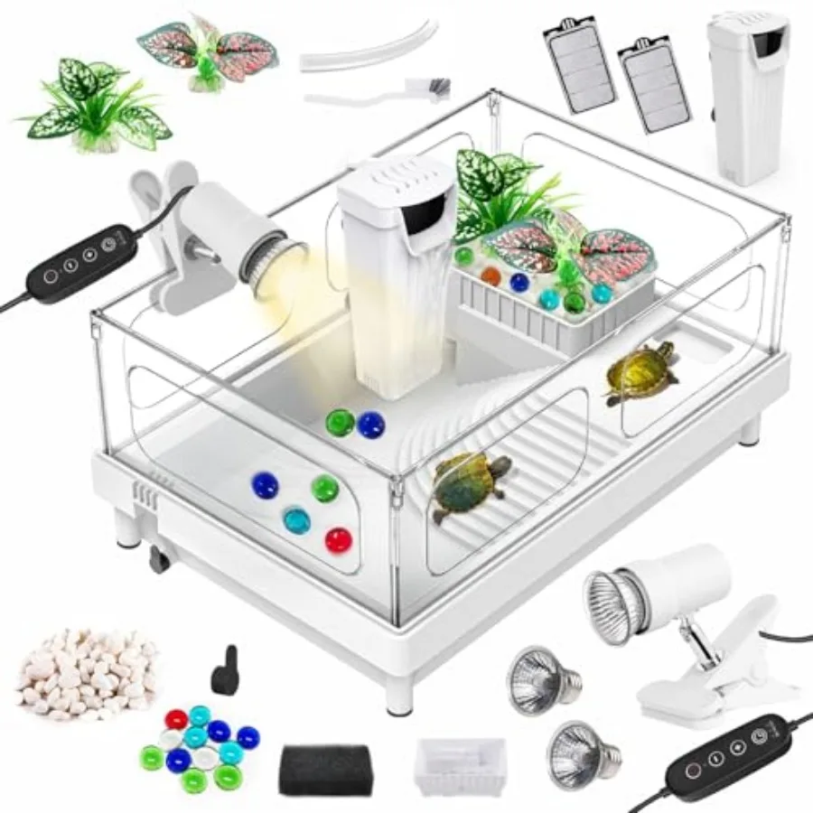 

Small Turtle Tank Kit Tank+Lamp+Filter,Acrylic Turtle Starter Kit with Adjustable Lamp, Reptile Habitat and Terrarium with Mult
