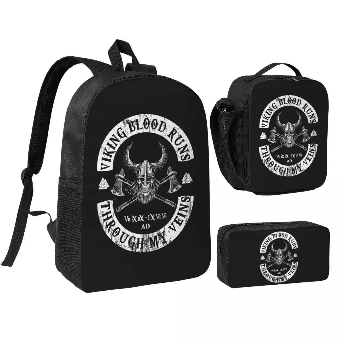 

Viking Blood Runs Through My Veins Backpack Student BookBag School Bag Shoulder Bags 3ps Insulated Lunch Bag Pencil Case