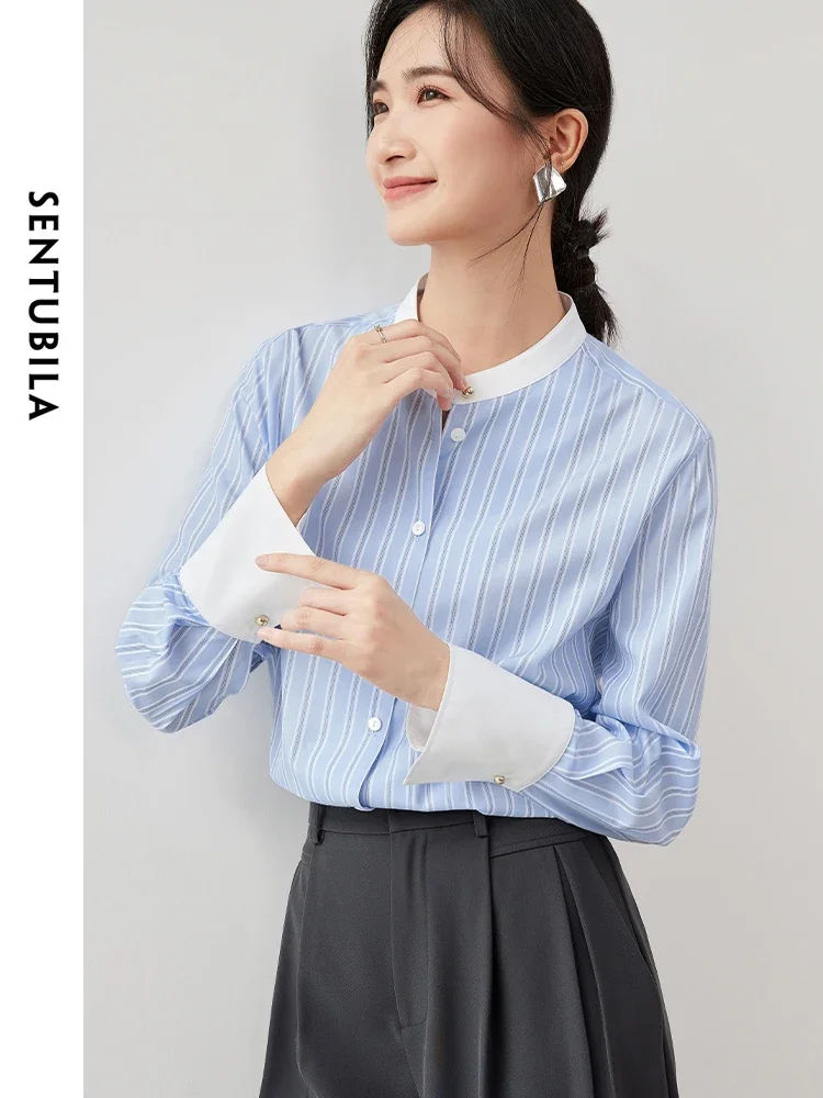 

SENTUBILA Blue Striped Shirt for Women 2025 Spring Fall Casual Loose Stand Neck Long Sleeve Office Lady Simple Tops 143C56589