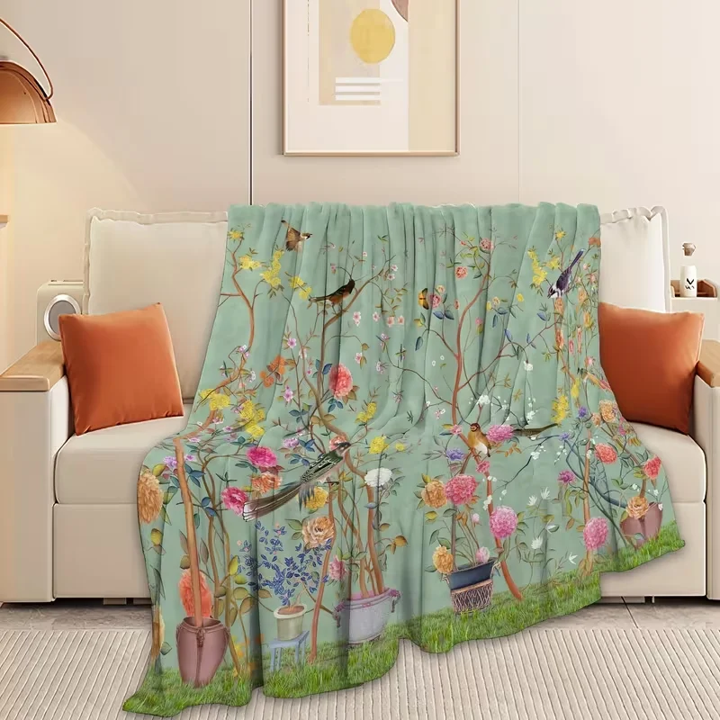 A Creative Floral and Bird Printed Blanket, Soft and Warm, Perfect for All Seasons, Suitable for The Sofa Blanket