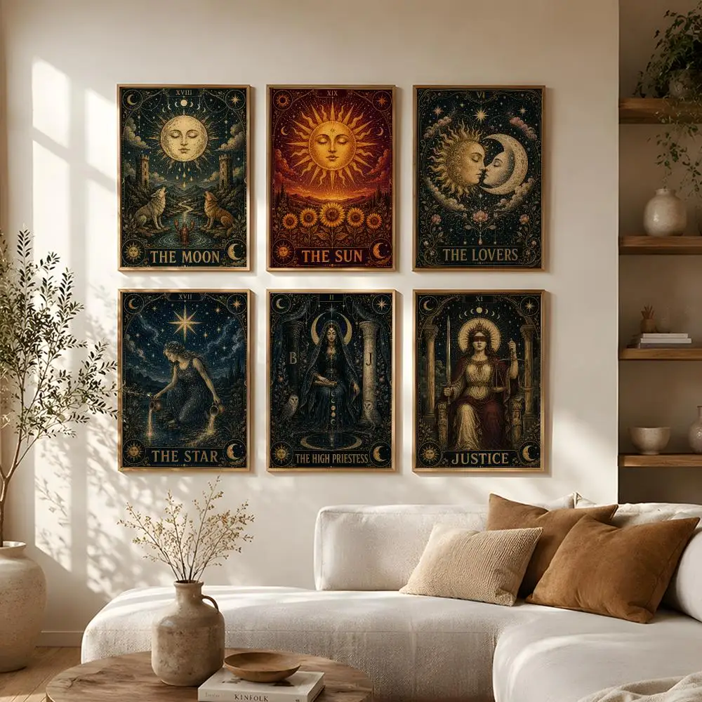 Pattern Sun Moon Tarot Poster Self-Adhesive HD Mural Wall Decals, Living Room Bedroom Home Decor Gift