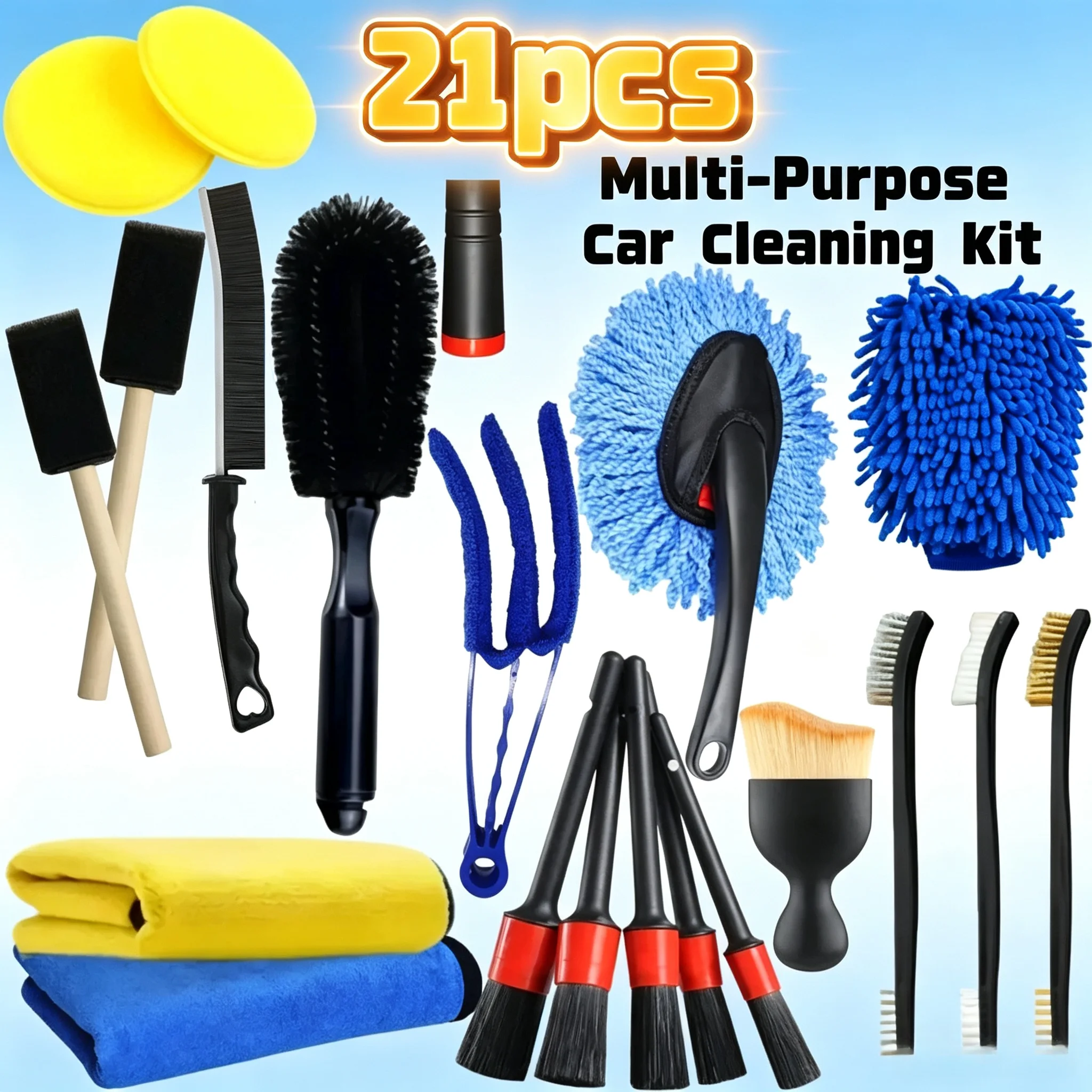 13Pcs/21Pcs Car Detailing Cleaning Kit Multi‑Purpose Detail Brushes Sponges Car Wash Cloths For Auto Interior Exterior Tools