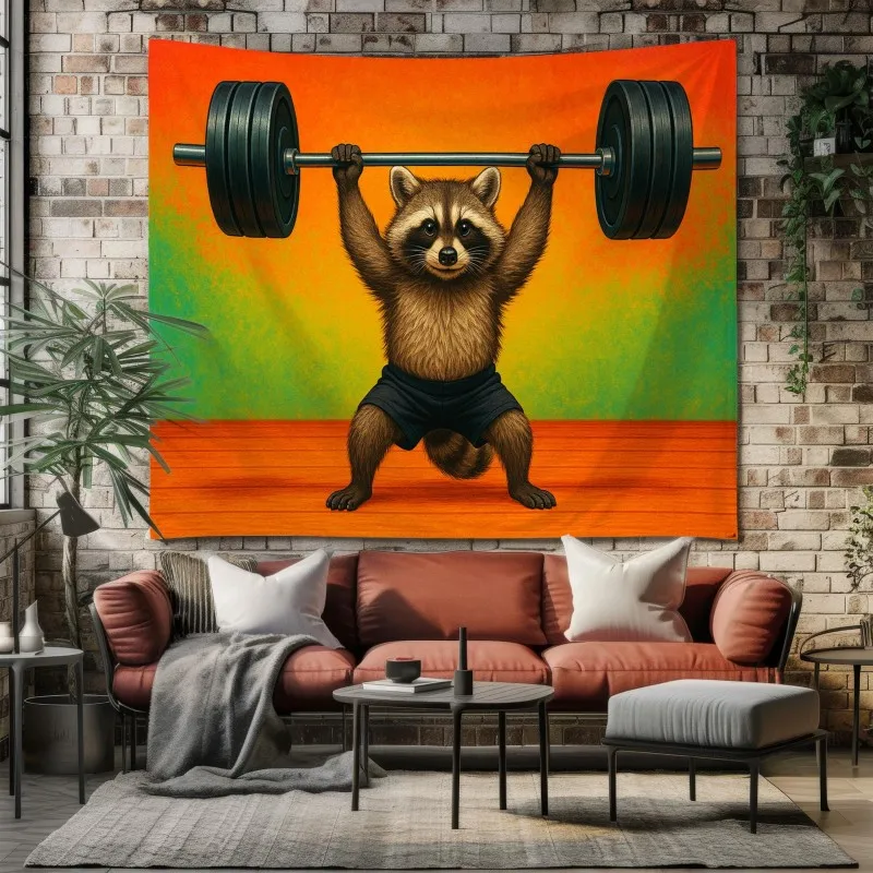 VIKAMA Funny Raccoon Workout Tapestry Wall Hanging Lifting Barbell Cute Animal Gradient Aesthetic Wall Art Bedroom Dorm Decor